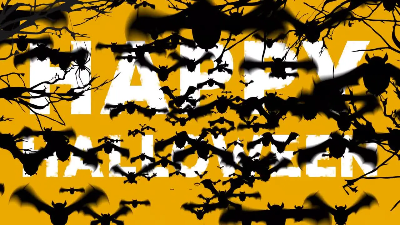 Animation of happy halloween text in white with spider and black bats on orange background