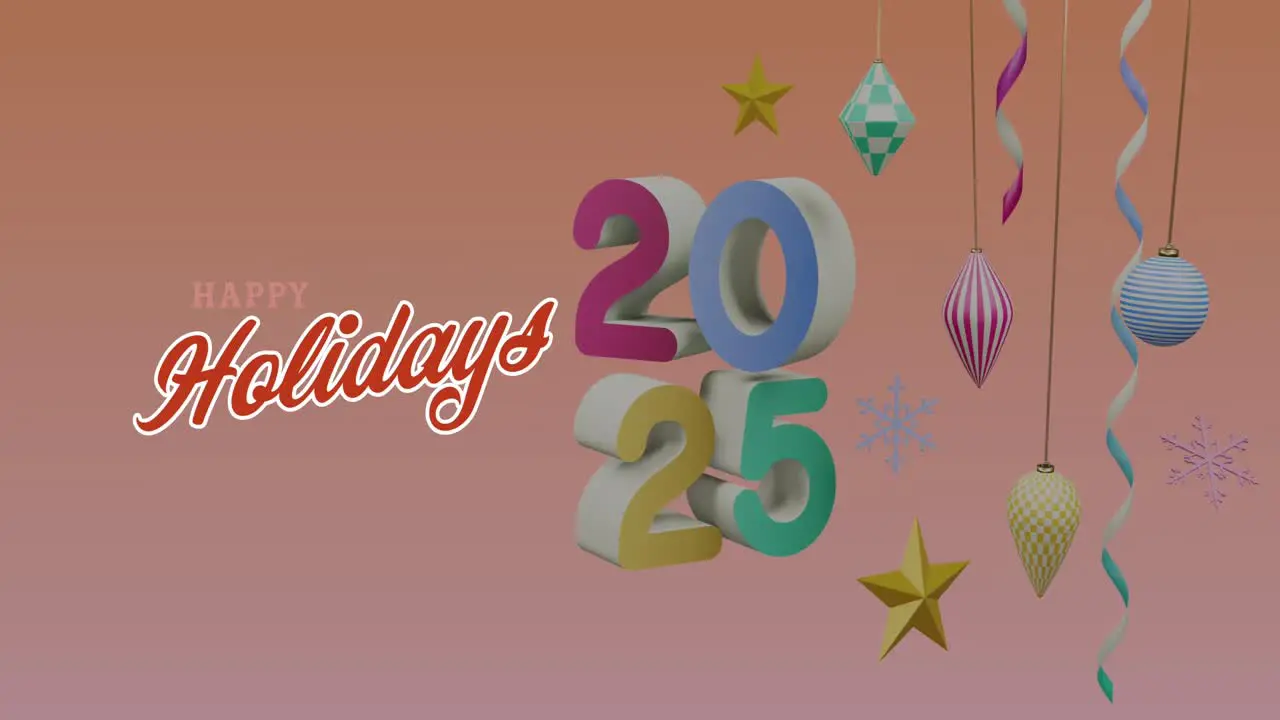 Animation of happy holidays text over 2025 text and decorations on orange background