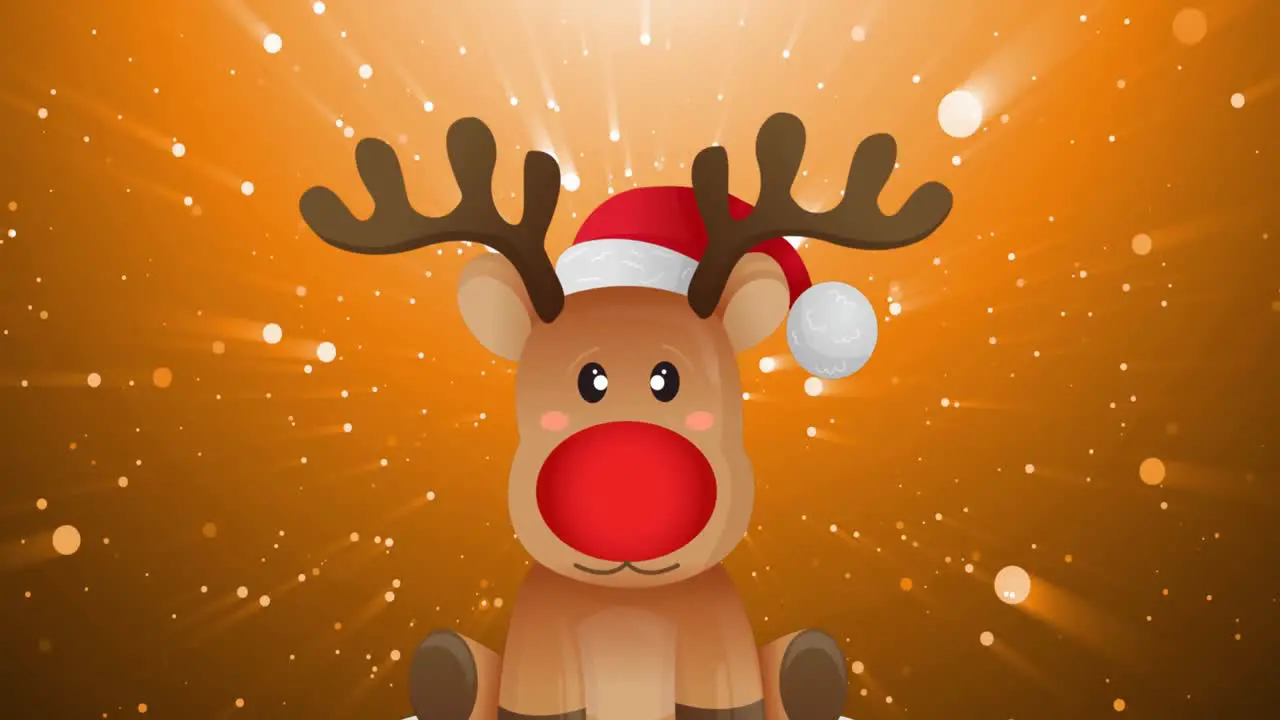 Animation of christmas reindeer and snow falling on orange background