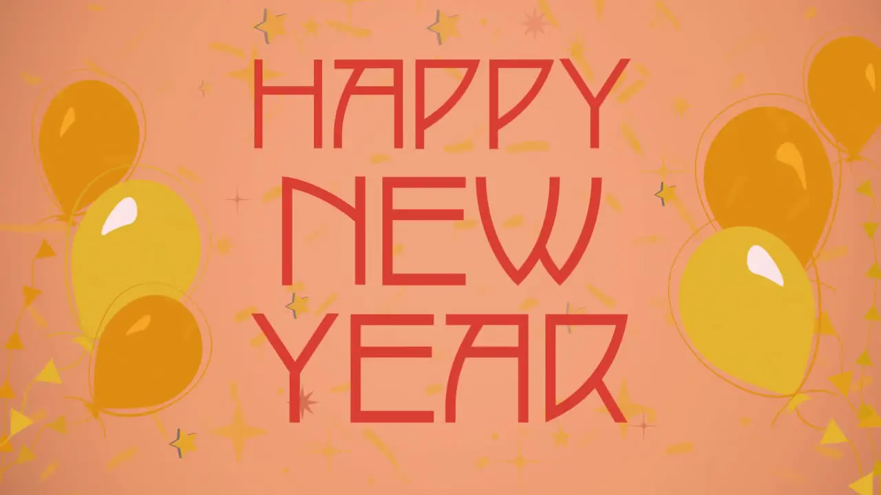 Animation of happy new year text in red with yellow balloons on orange background