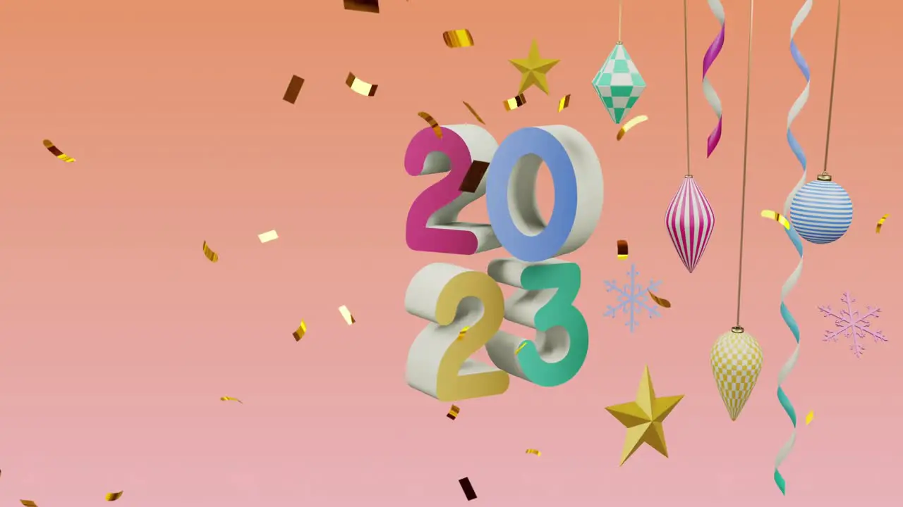 Animation of confetti falling over 2023 text and decorations on orange background