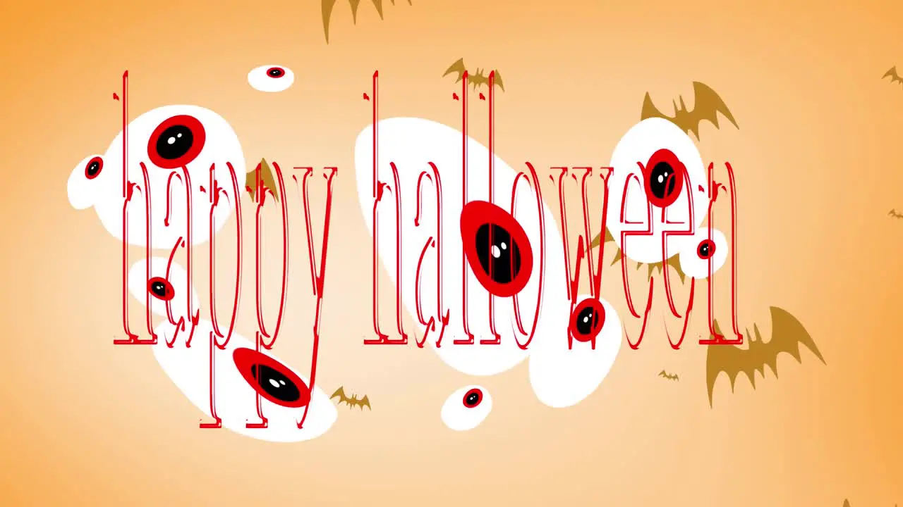 Animation of red happy halloween text over eyeballs and bats on orange background