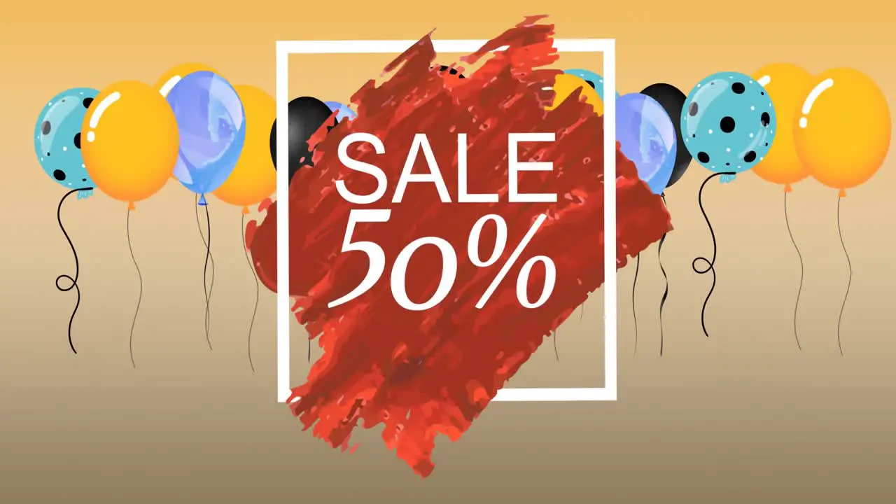 Animation of sale 50 percent text over red smudge and balloons on orange background