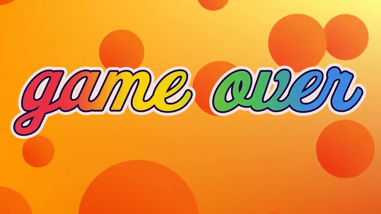 Animation of colorful game over text with circles against orange background