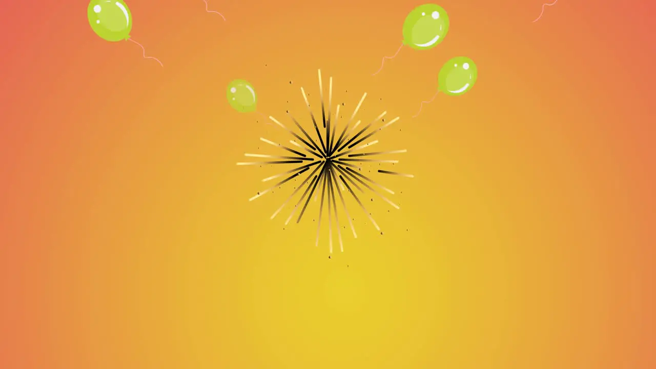 Animation of fireworks exploding with green balloons on orange background