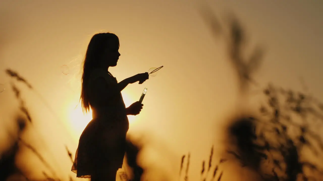 Silhouette Of A Girl Playing With Soap Bubbles In The Tall Grass At Sunset