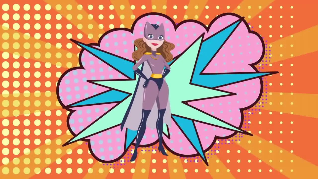 Animation of illustration of happy woman in superhero costume over explosion on orange background