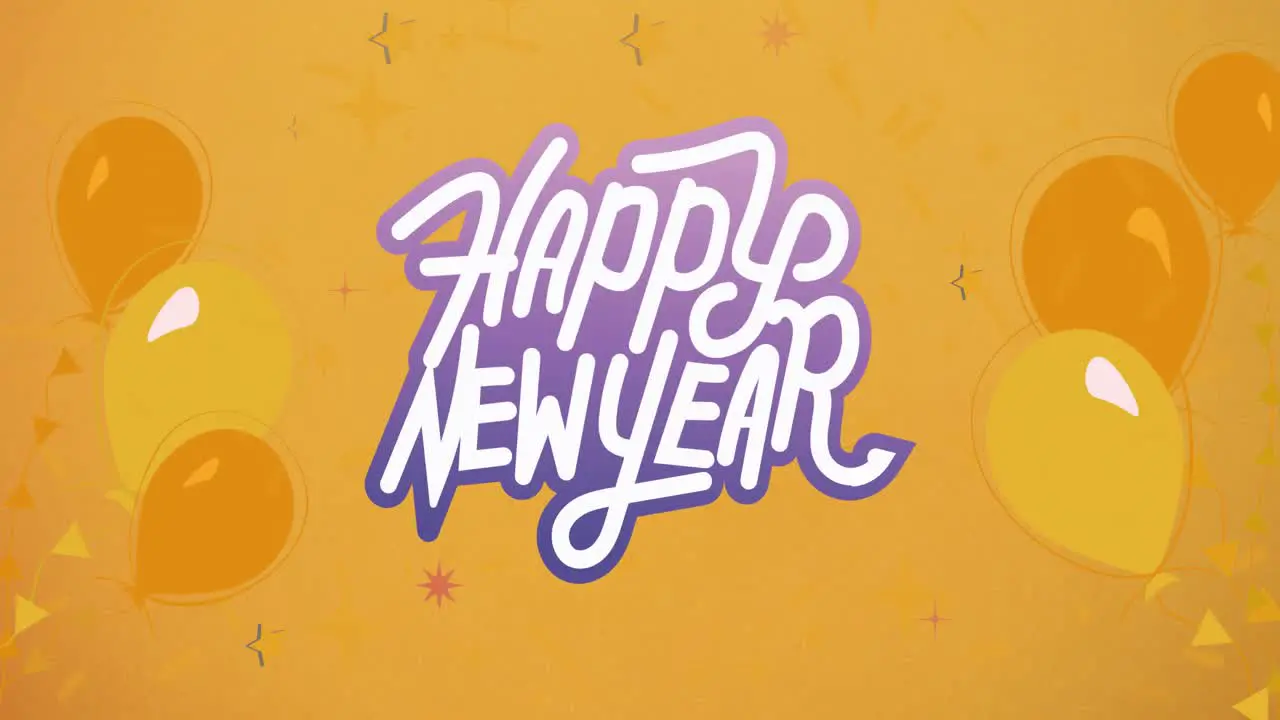 Animation of happy new year text in purple and white with yellow balloons on orange background