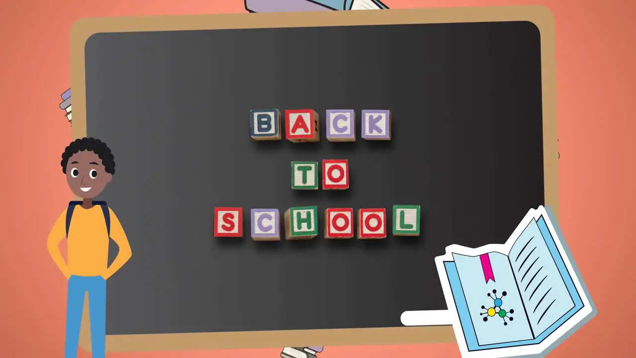 Animation of back to school text on blackboard over school items icons on orange background