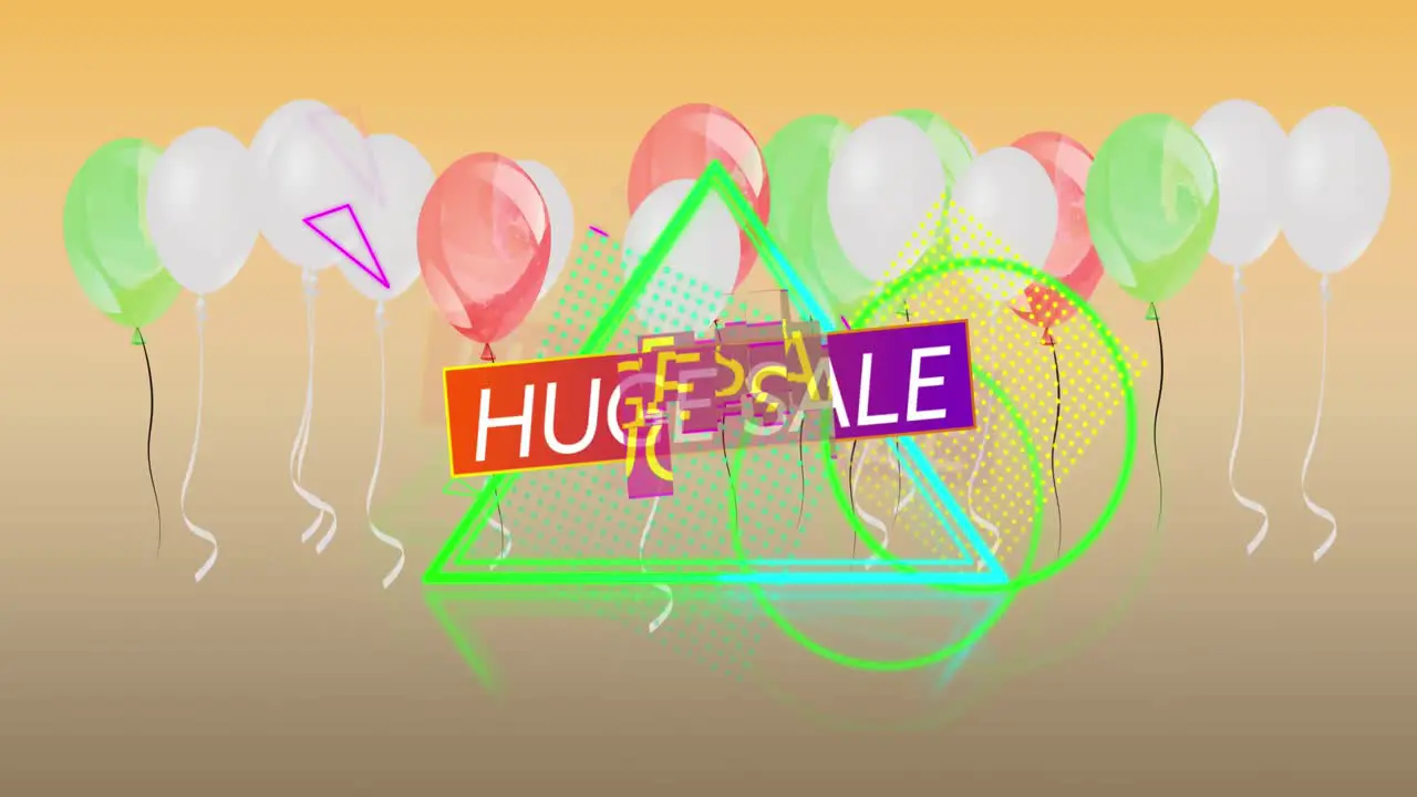 Animation of huge sale text over neon triangle and balloons on orange background