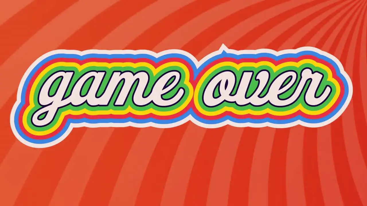 Animation of colorful game over text against striped loop orange background