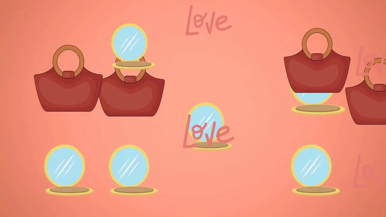 Animation of love text handbag and mirror repeated on orange background