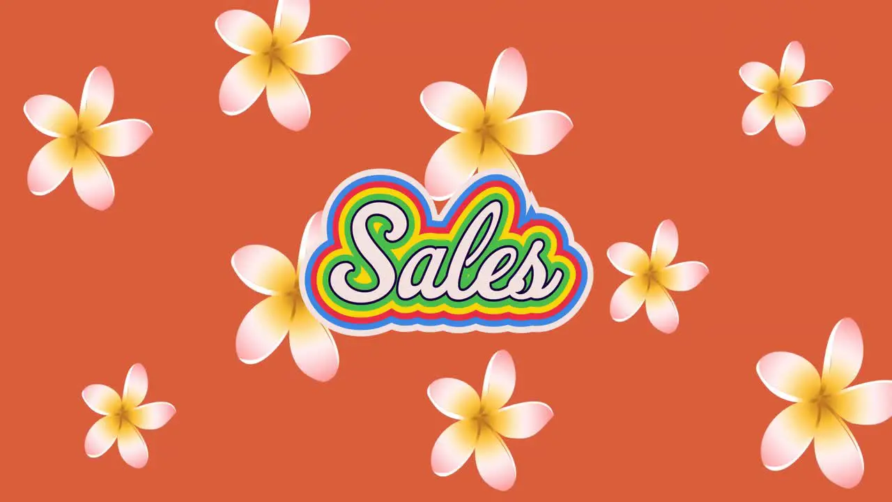 Animation of sales text in rainbow outline over flowers on orange background