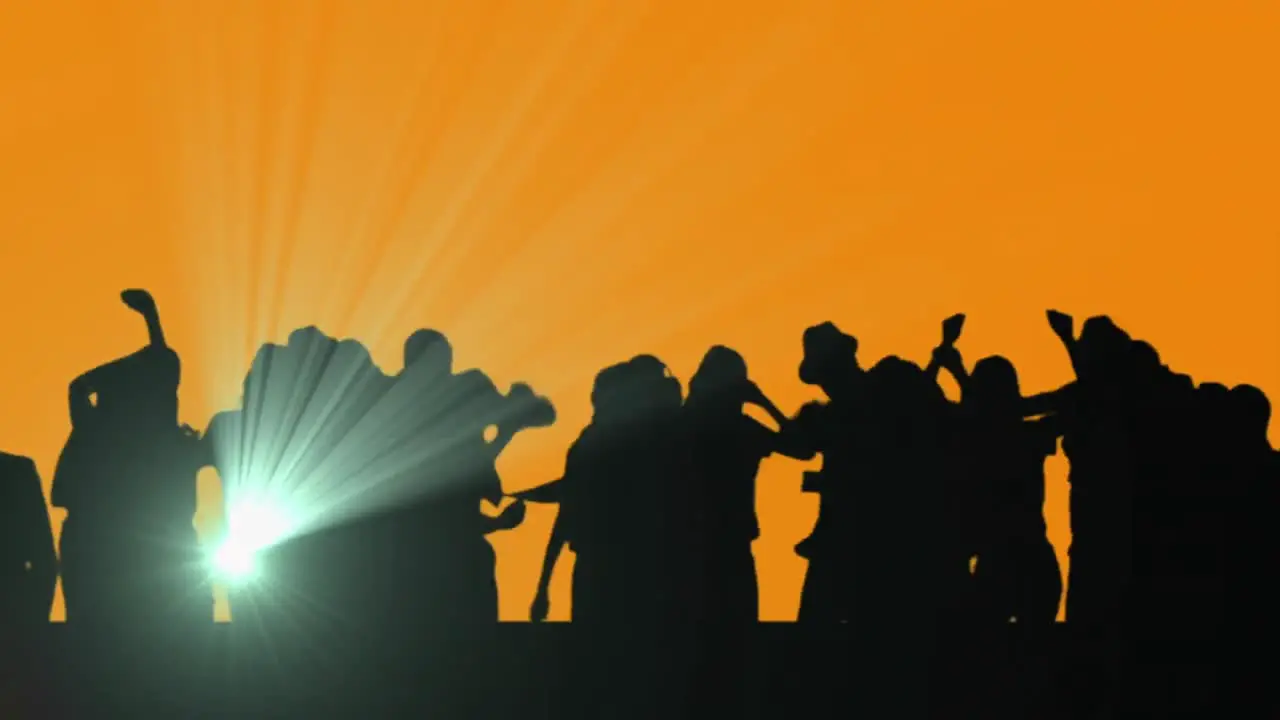 Digital animation of spot of light over silhouette of people dancing against orange background