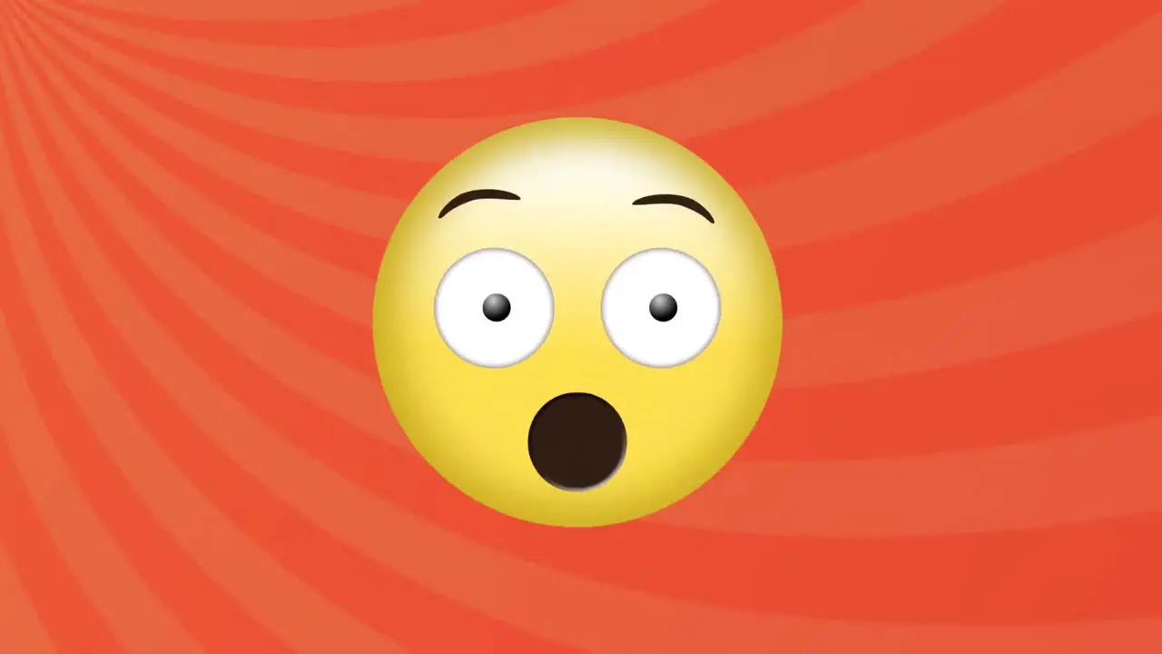 Animation of surprised face emoji against radial rays in seamless pattern on orange background