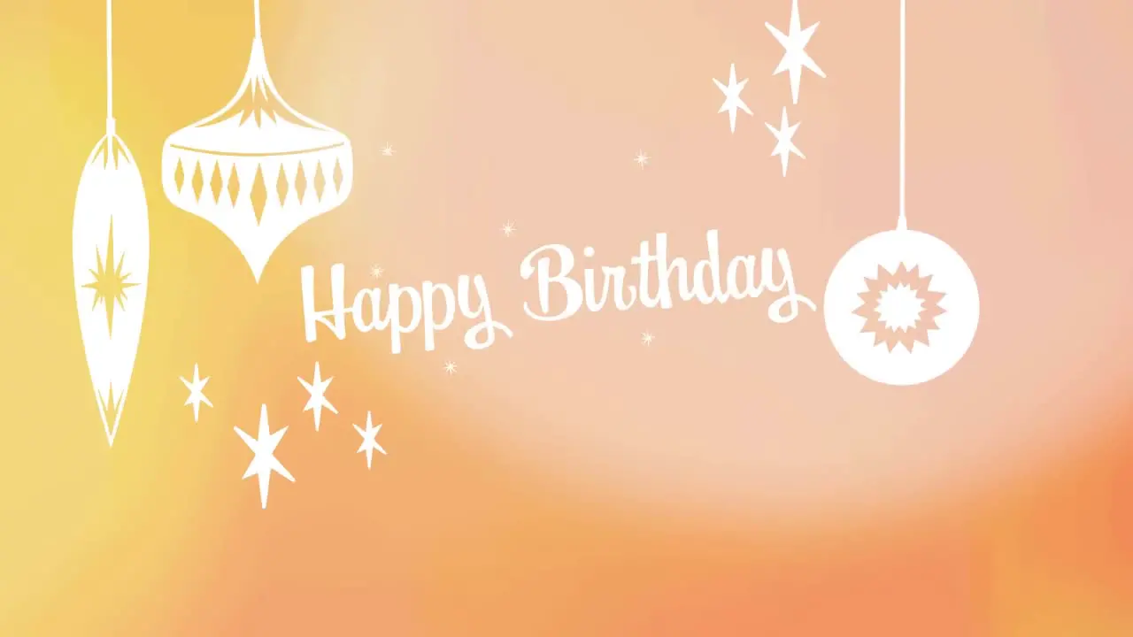 Animation of birthday greetings and baubles on orange background