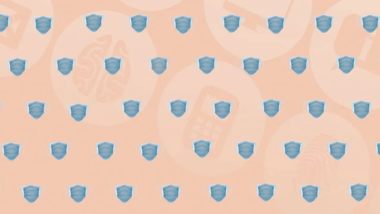 Animation of blue face mask icons over orange background