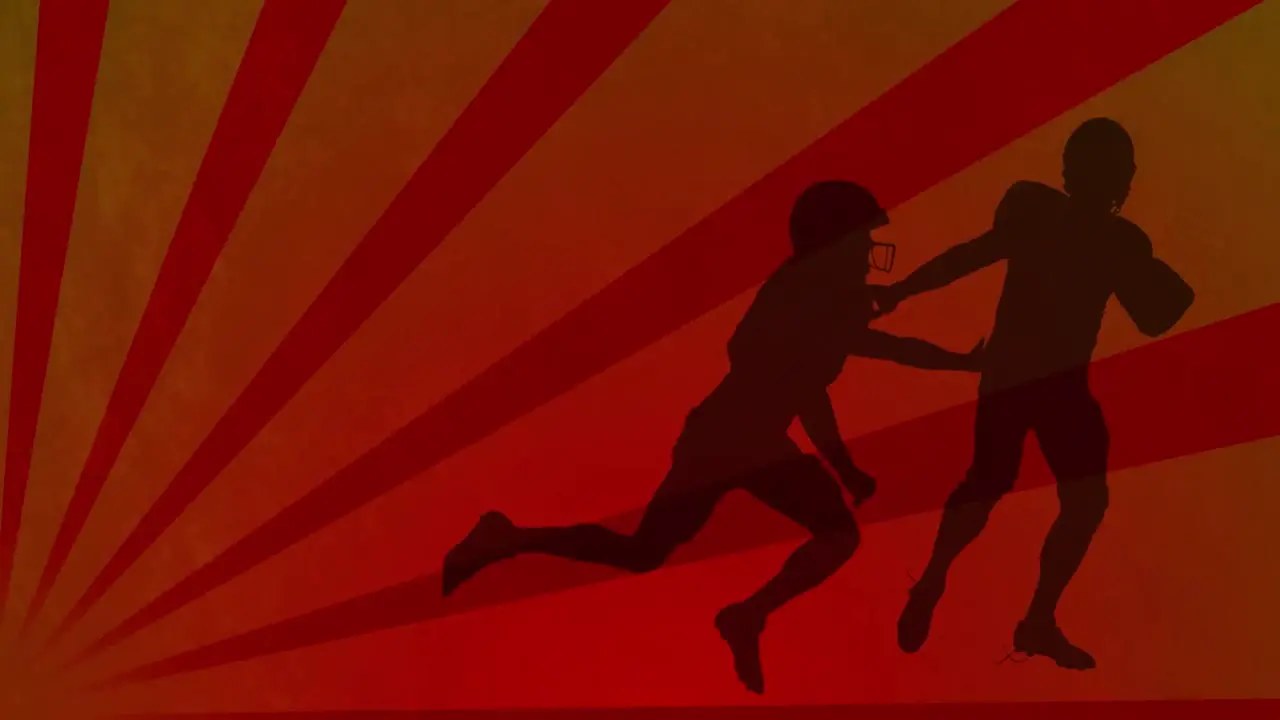 Animation of american football players silhouettes over shapes on orange background