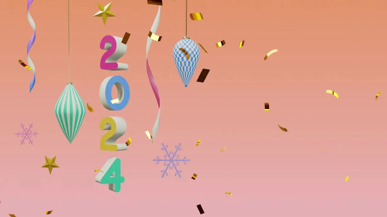 Animation of confetti falling over 2024 text and decorations on orange background