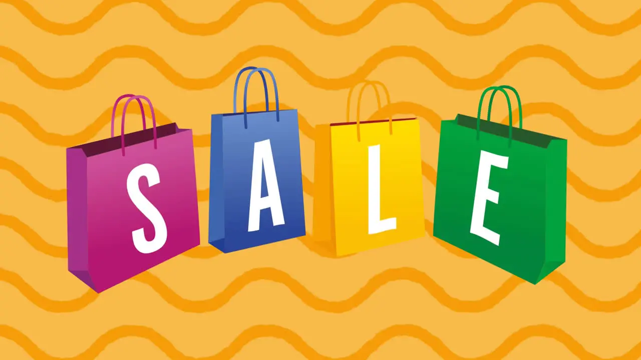 Animation of sale text over shopping bags on waving orange background