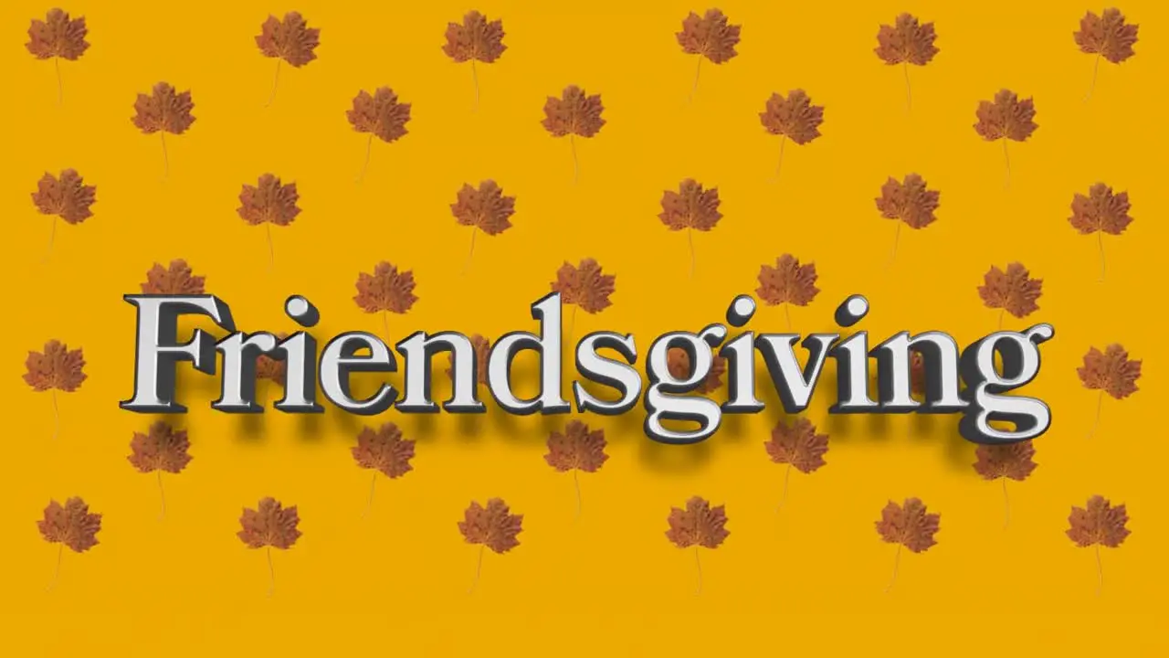 Friendsgiving day text against multiple autumn maple leaves icons on orange background