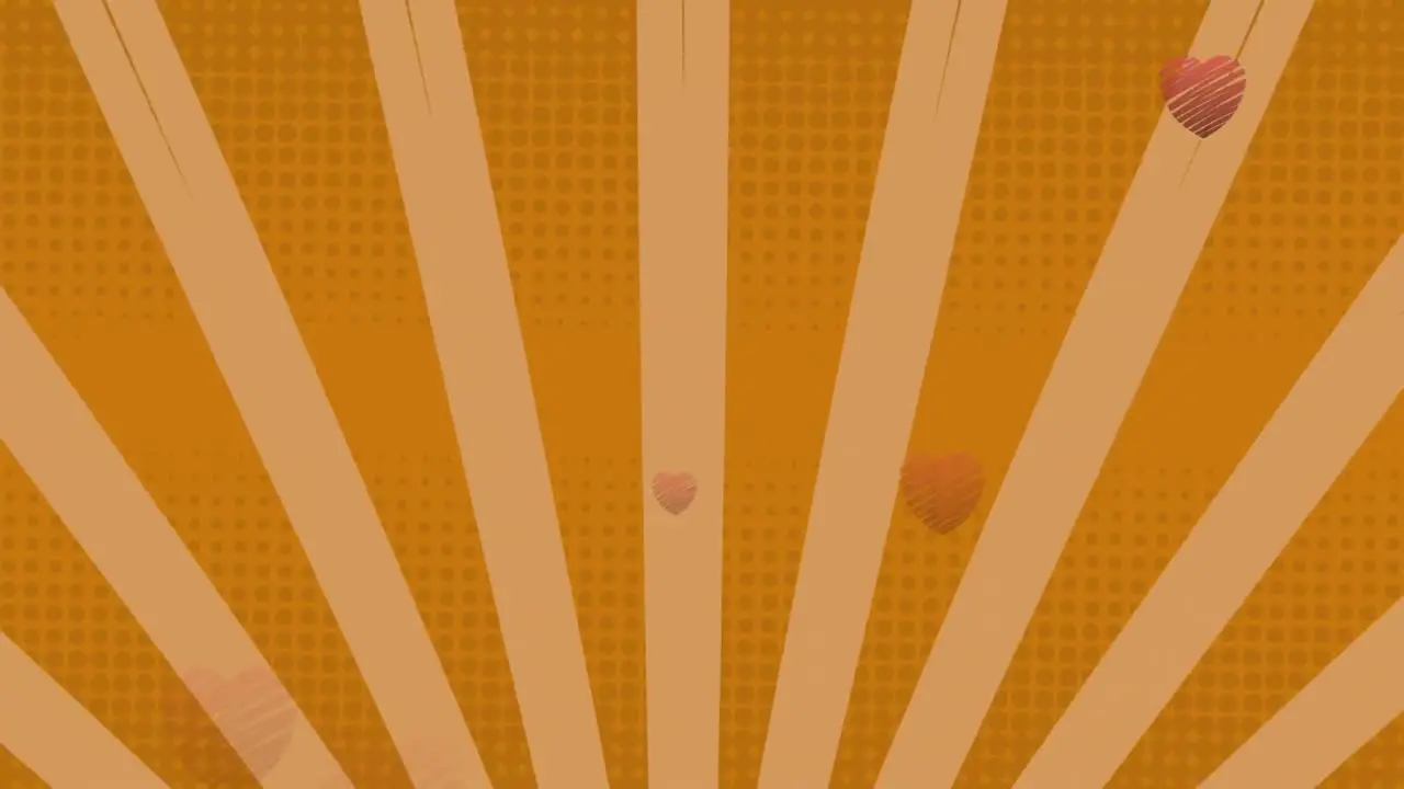 Animation of hearts floating over rotating striped orange background