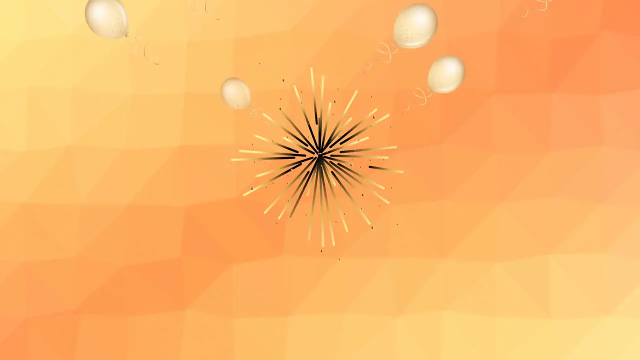 Animation of fireworks exploding with white balloons on orange background