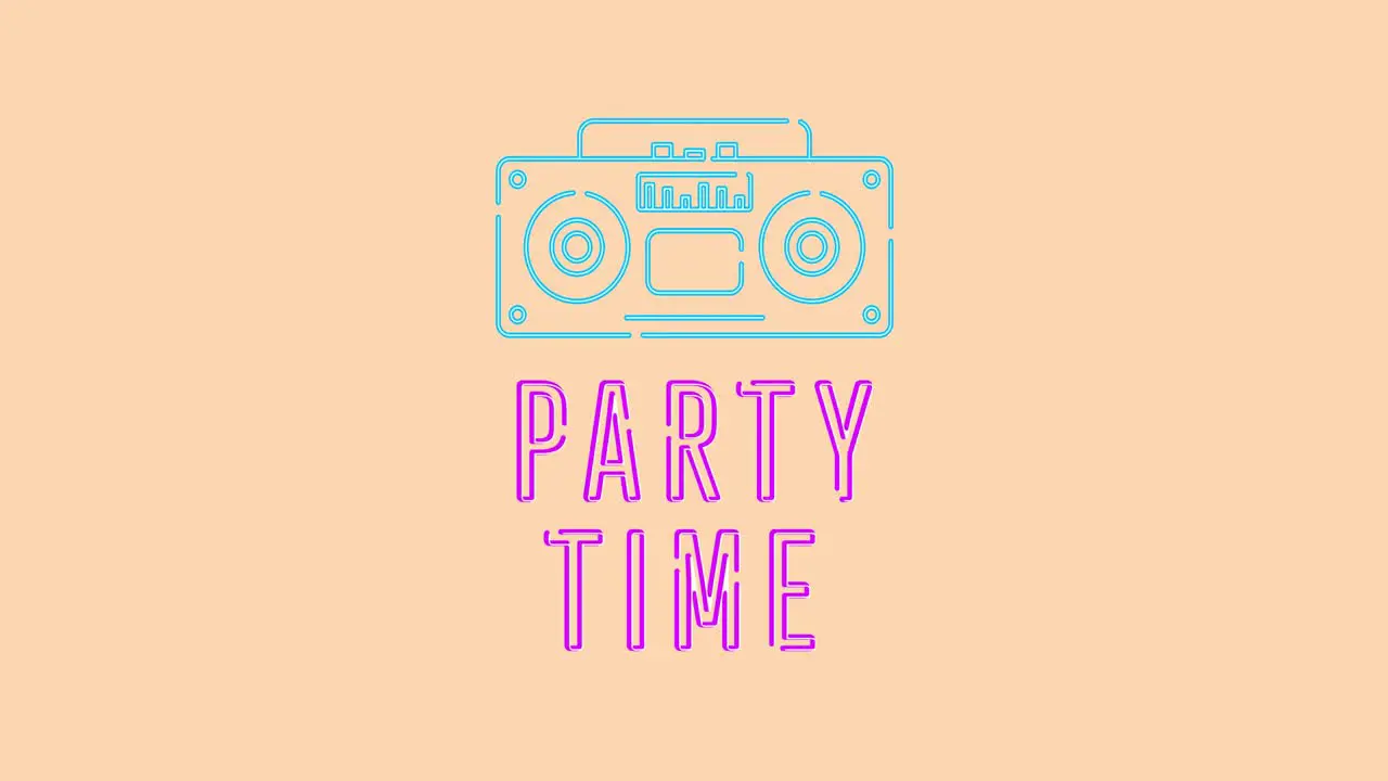 Animation of party time and retro radio on light orange background