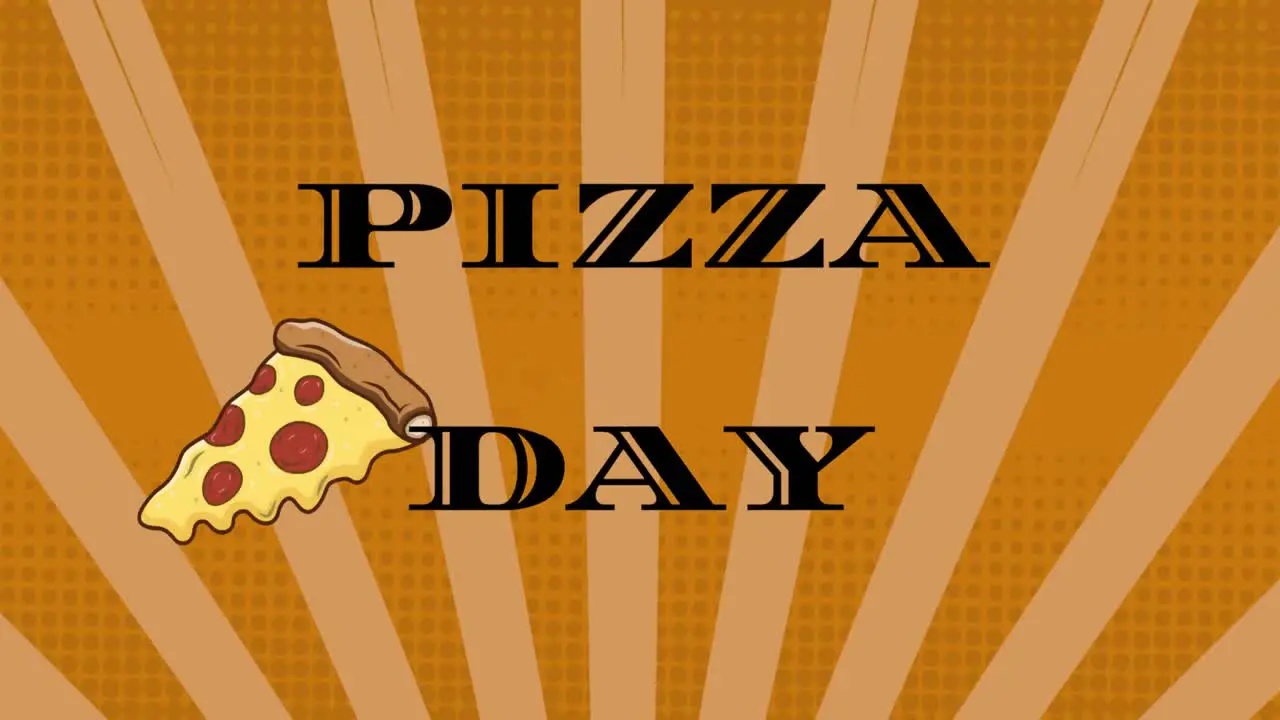 Animation of pizza day text and pizza icons over over stripes on orange background