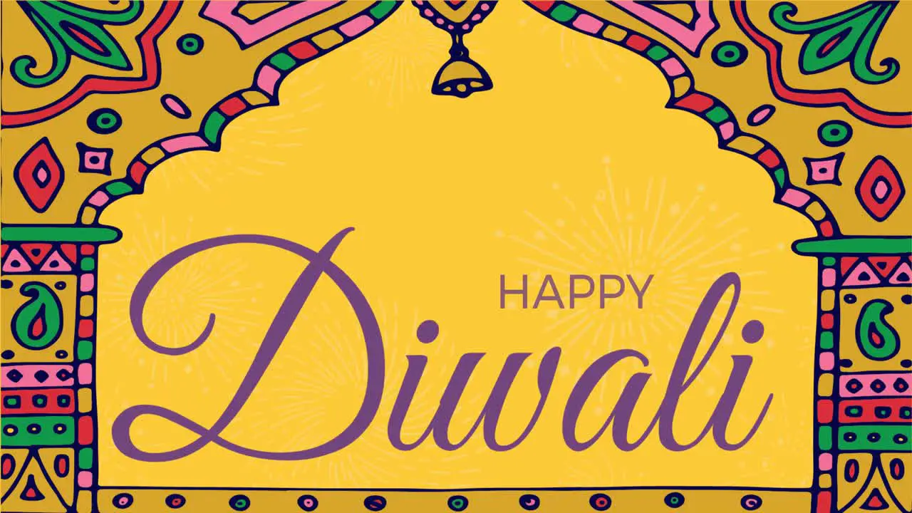 Animation of happy diwali text and colourful shapes on orange background