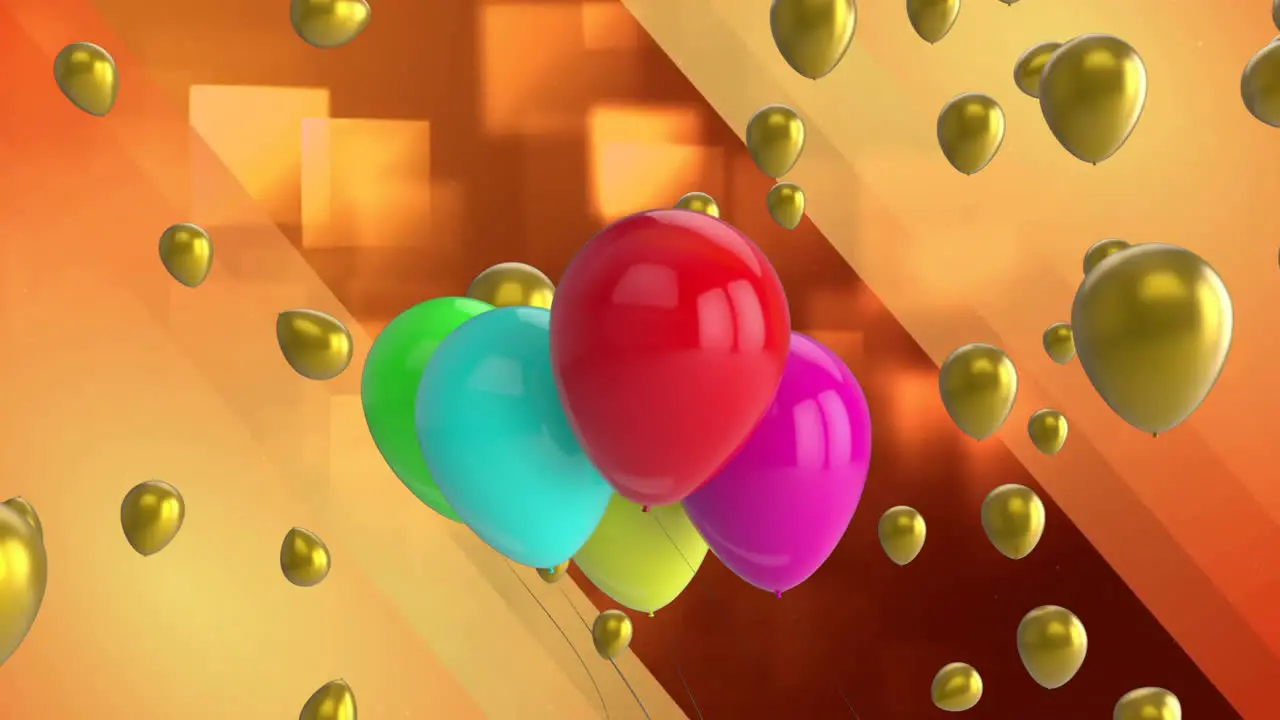 Animation of multicolored balloons flying over illuminated squares against orange background