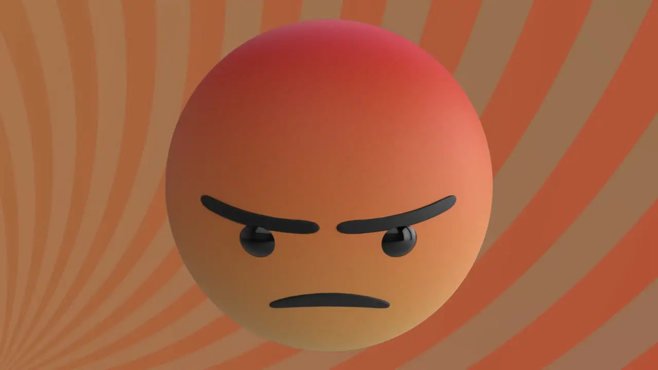 Animation of angry face emoji against radial rays in seamless pattern against orange background