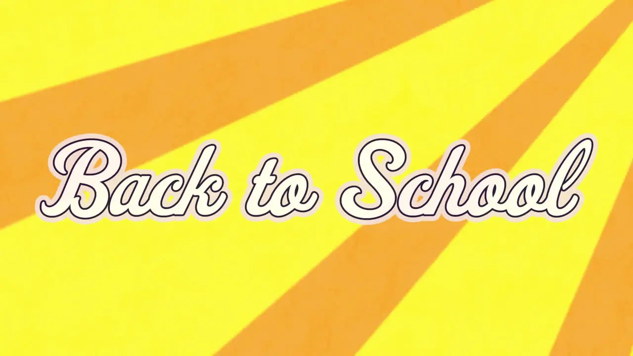 Animation of back to school text over yellow radial rays in seamless pattern on orange background