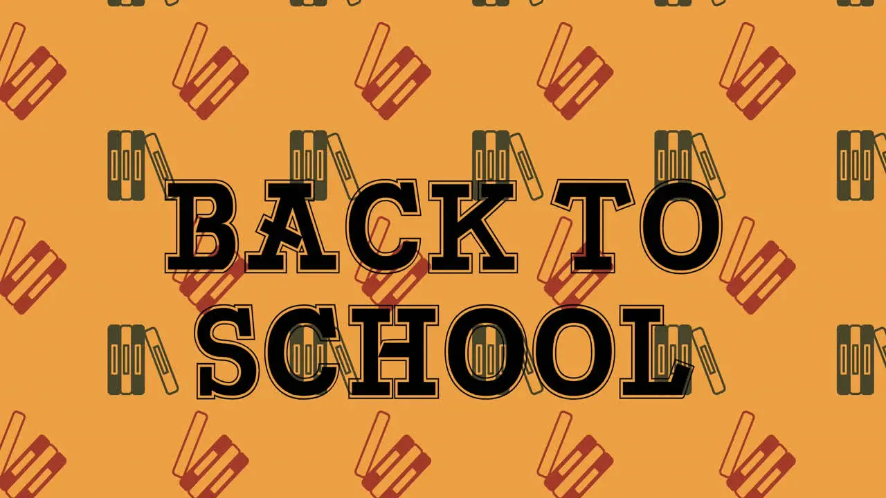 Animation of back to school text banner over stack of books in seamless pattern on orange background