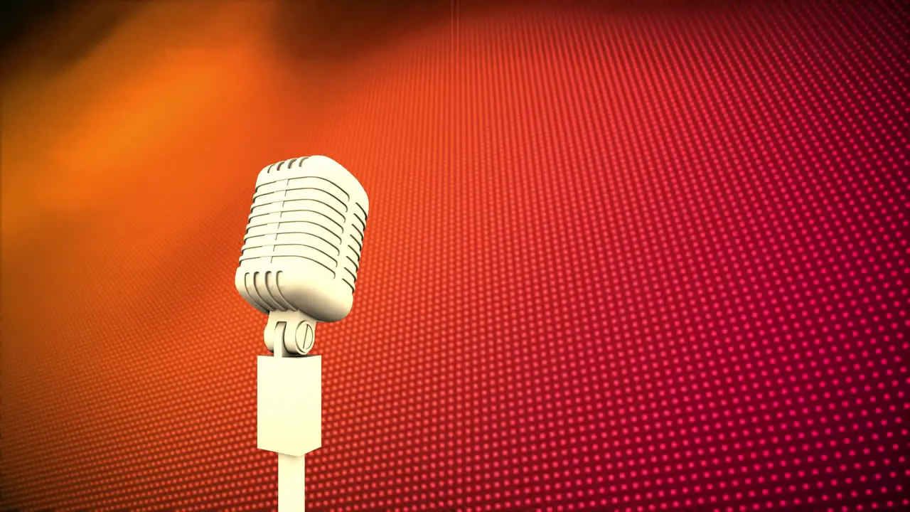 Animation of retro microphone with copy space over red and orange background