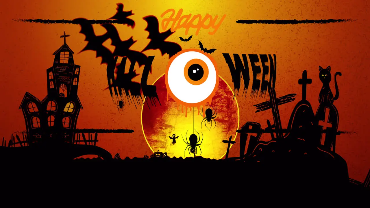 Animation of happy halloween bats cemetery and eye on orange background