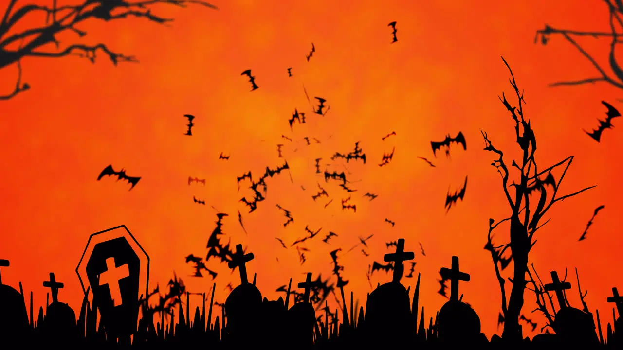 Animation of flying bats and halloween cemetery on orange background