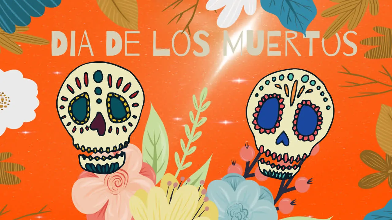 Animation of dia de los muertos over decorative skulls on orange background with flowers