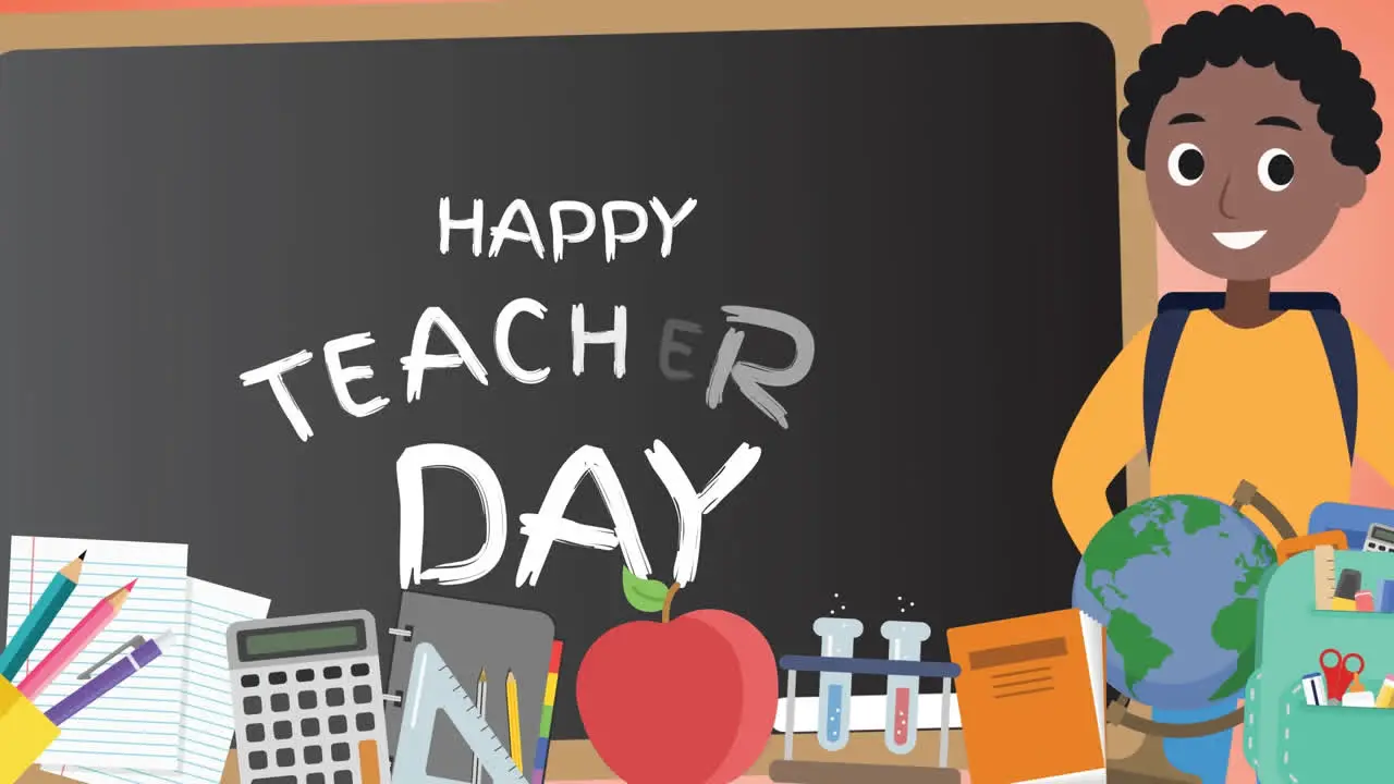 Animation of happy teacher's day over school items icons on orange background