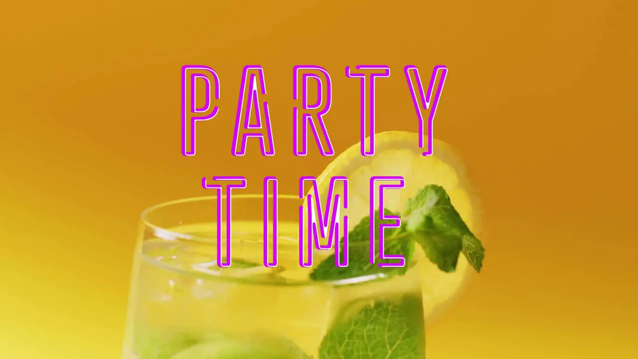 Animation of party time neon text and cocktail on orange background