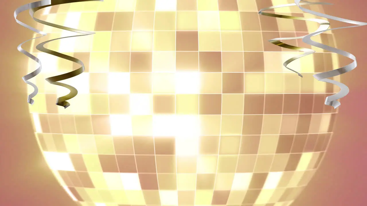 Animation of gold and silver streamers over mirror ball on orange background