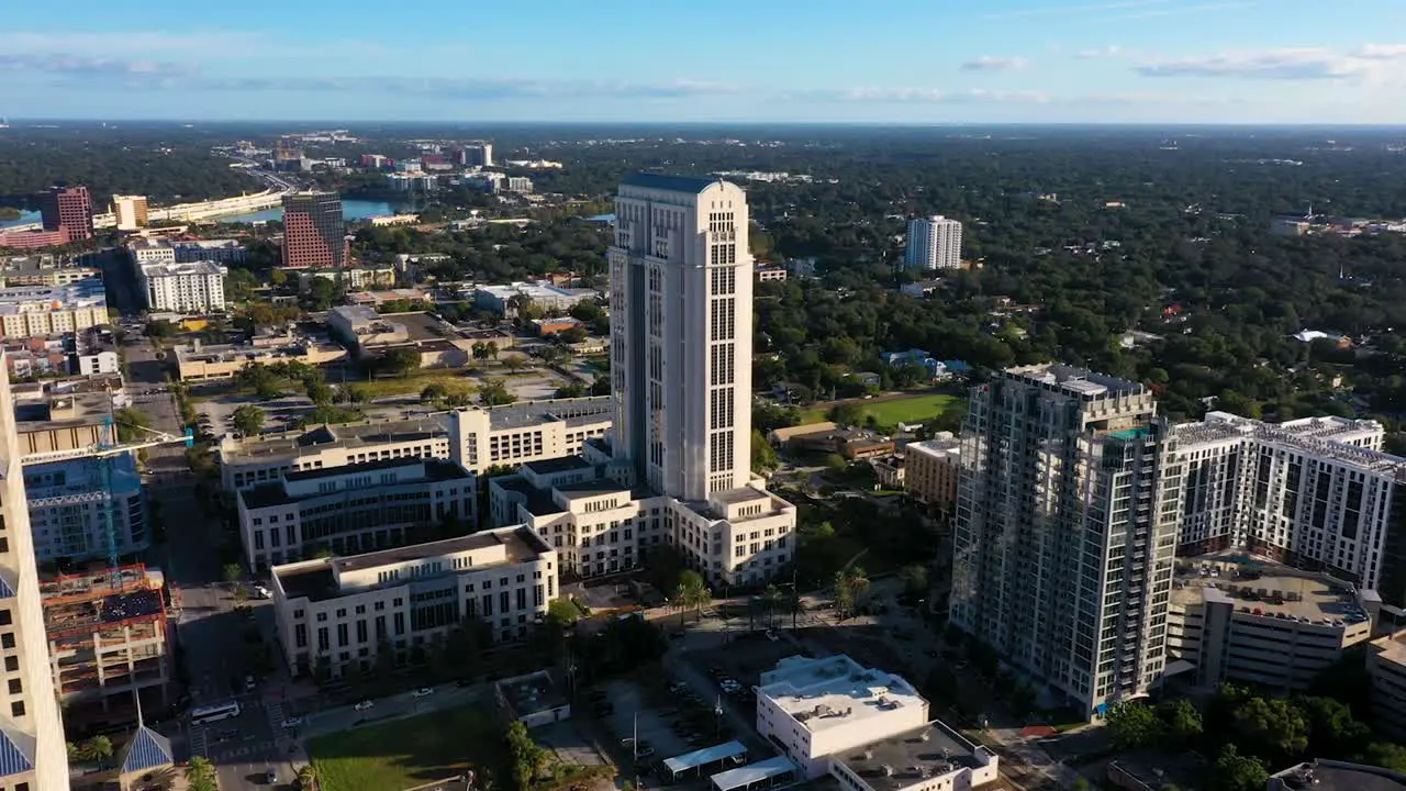 4K Cinematic drone parallax clip of Orange county courthouse in downtown Orlando Florida