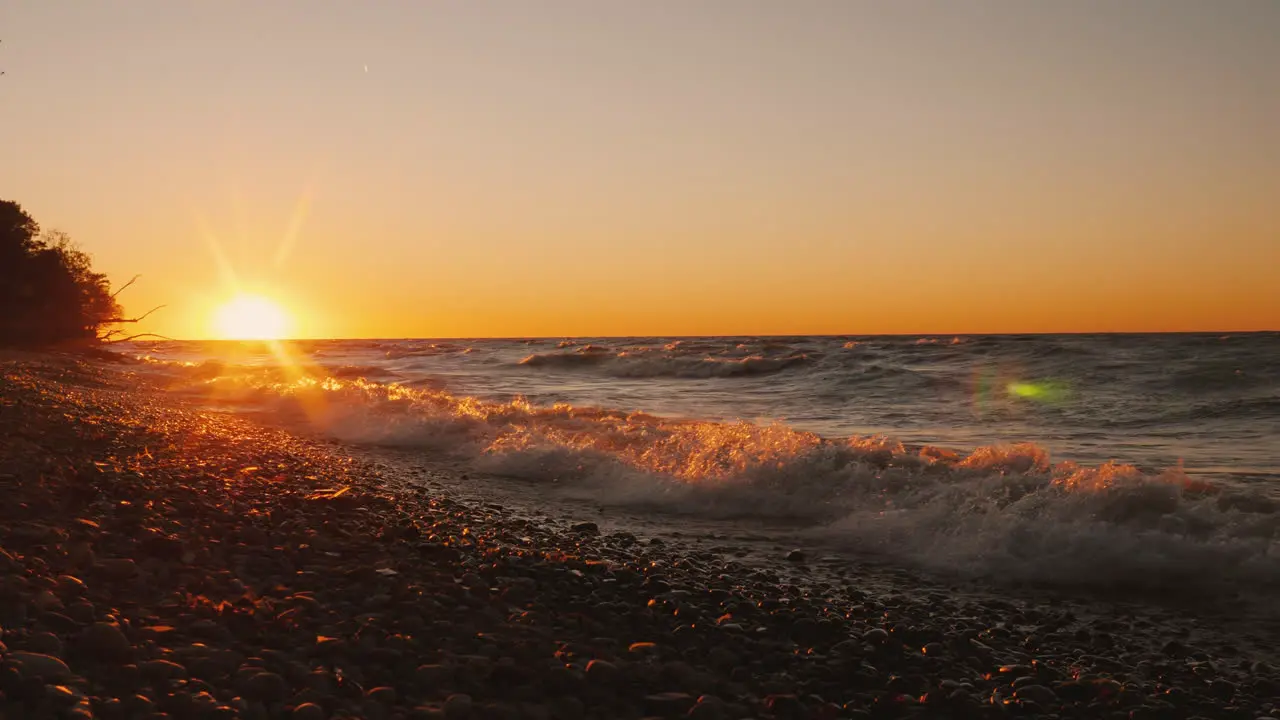 A Young Woman Walks With A Dog On The Shore Of Lake Ontario At Sunset Windy Weather Beautiful Sunset