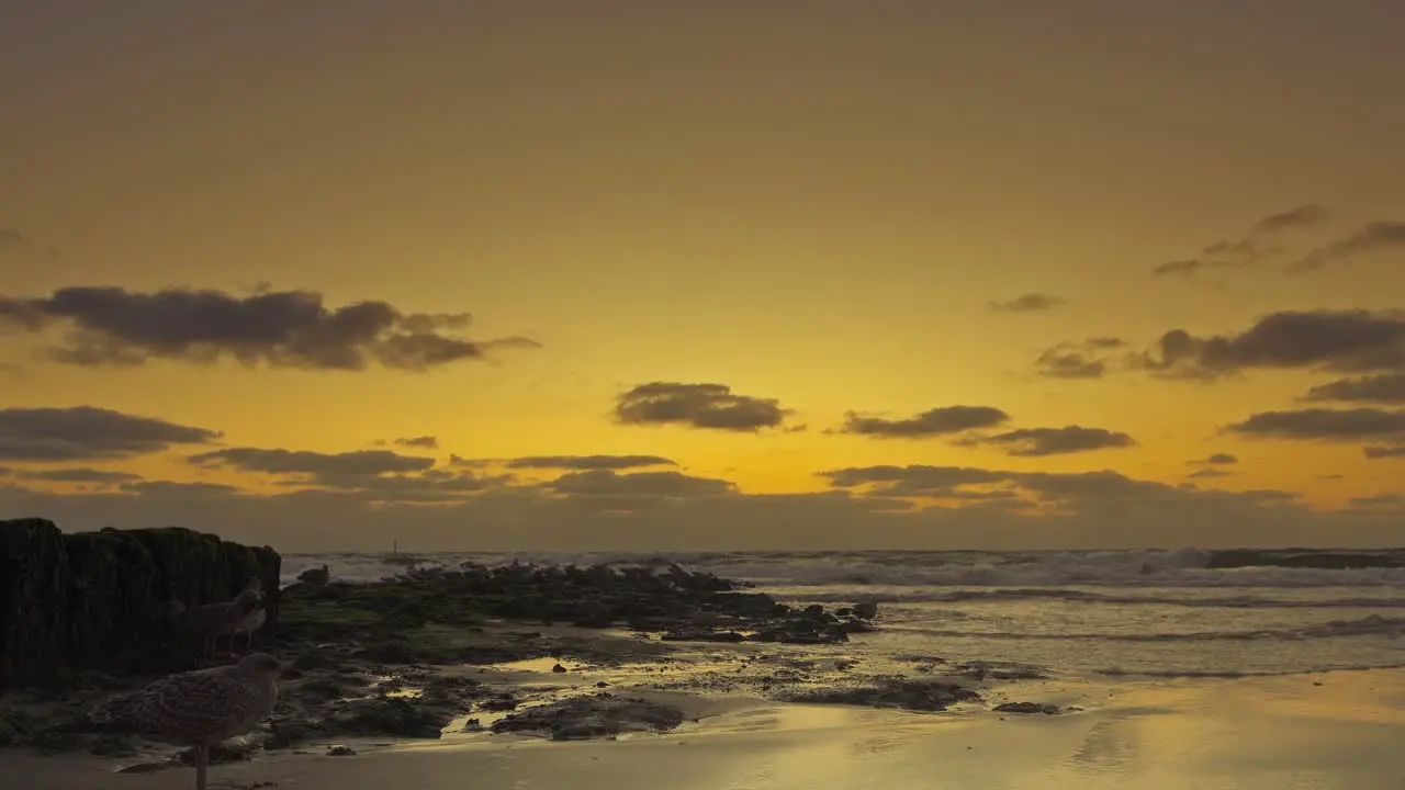 Small waves wash around a groyne at a beach while the sky is orange colored by the sunset