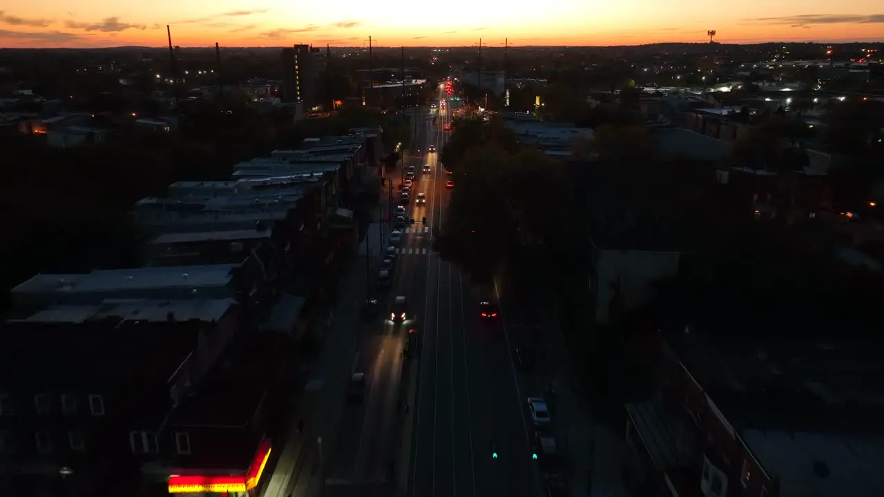 Aerial of cars driving on road at night