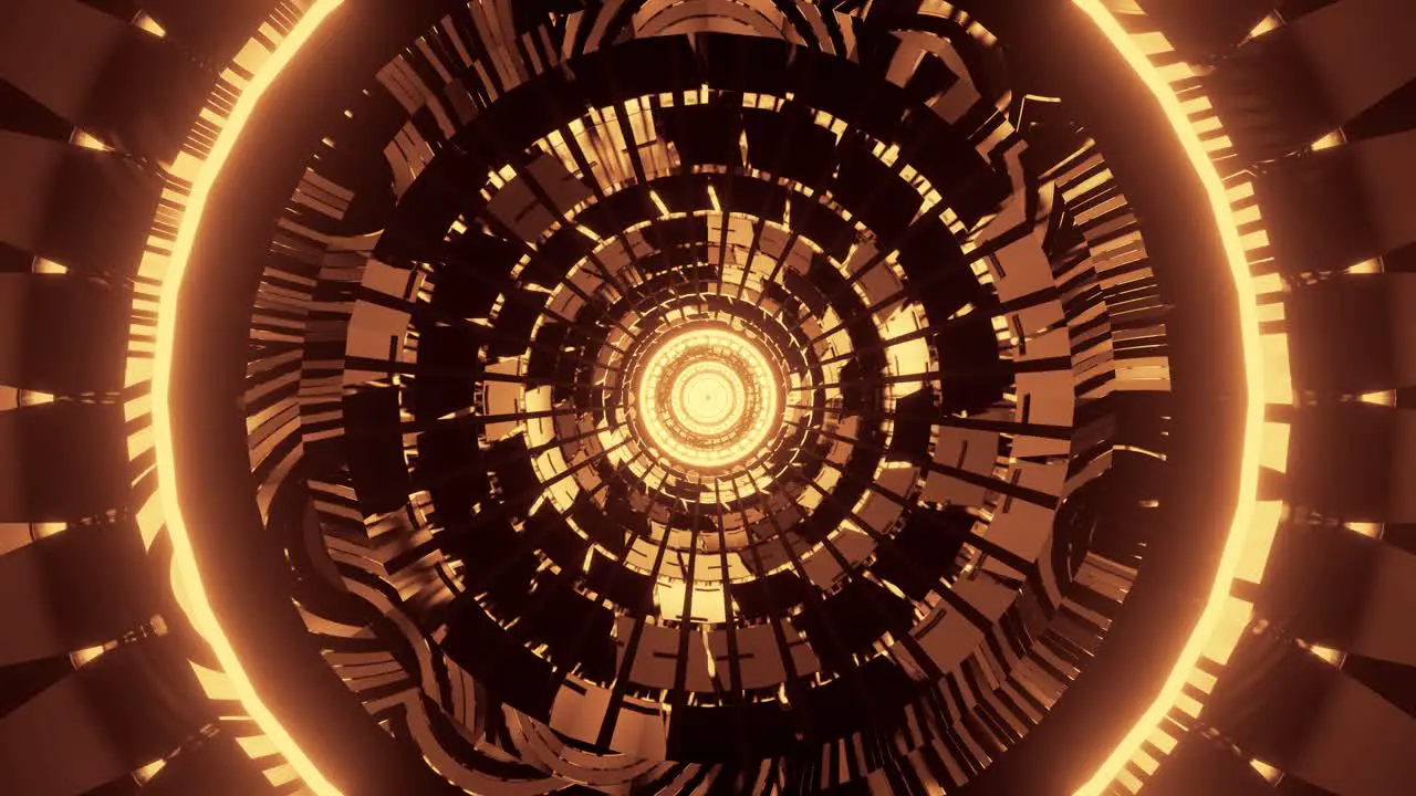 Computerized motion graphics of golden color circles glowing and emitting from the center