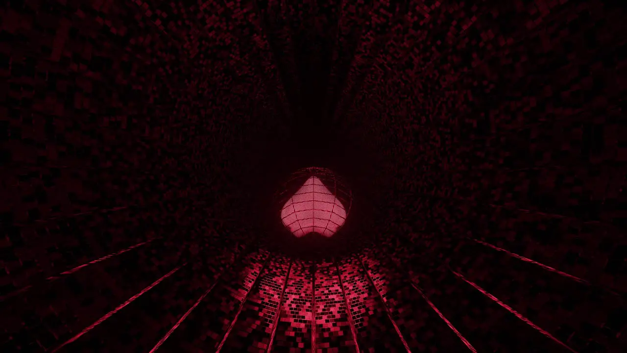 VJ Loop 3D Red Heart Rolling Along a Reflective Digital Tunnel Surface With Lines Disappearing into the Darkness