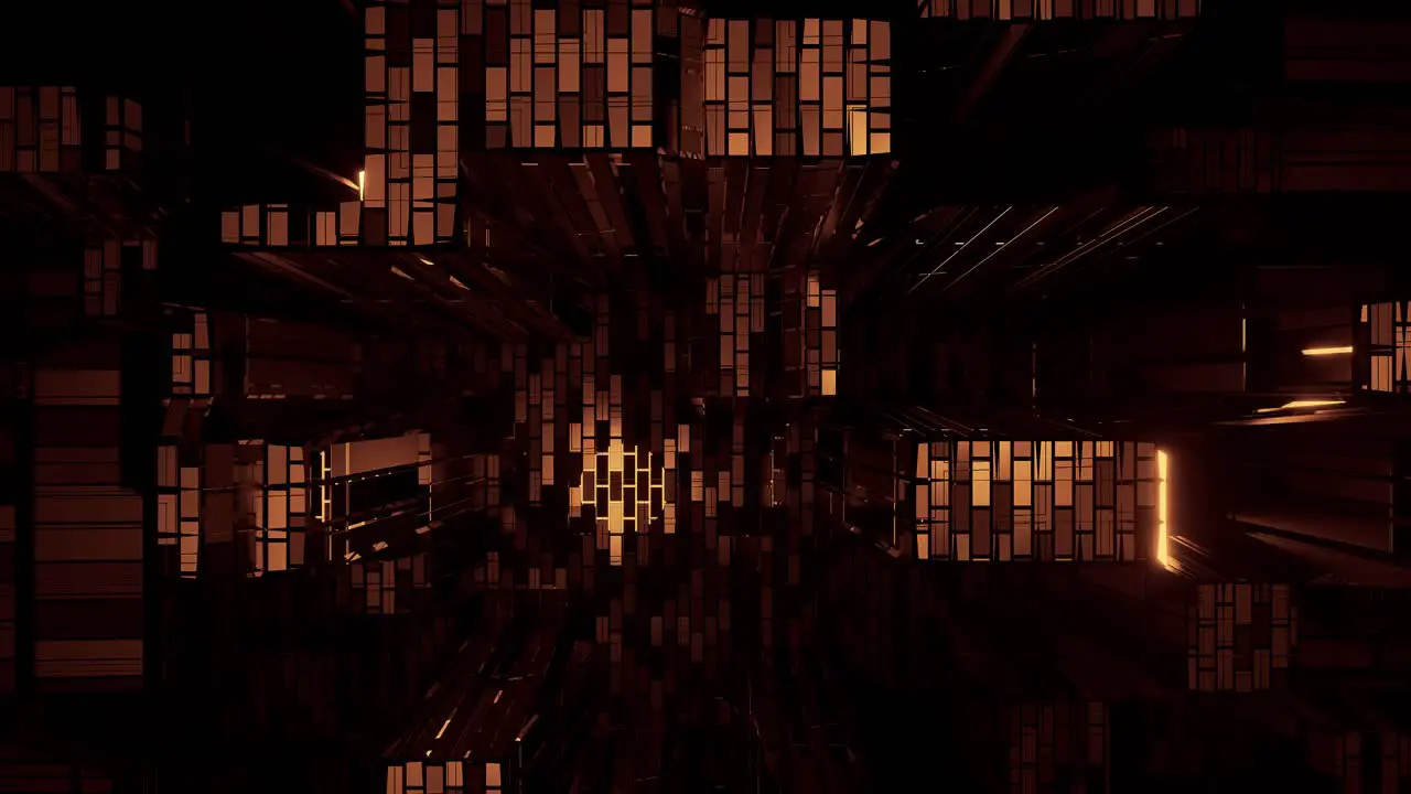 VJ Loop Falling Through a Glitching Digital Environment With Golden Orange Light Glowing on Intermittent Grid Structures