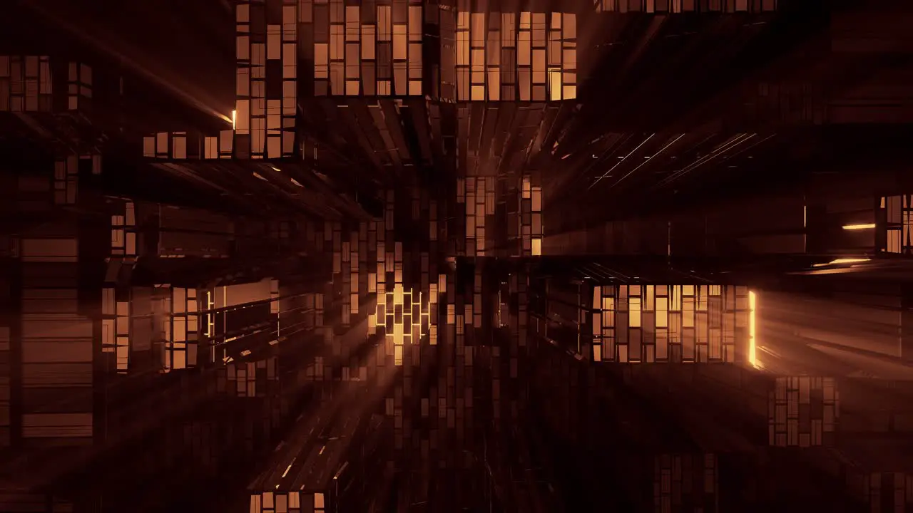 VJ Loop Falling Through a Glitching Digital Environment With Orange Golden Light Shining Through Intermittent Grid Structures