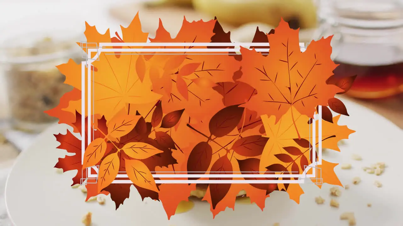 Animation of frame with fall leaves over pancakes